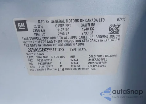 2015 Chevrolet Equinox 2Lt из США, поврежденный, VIN 2GNALCEK3F6110782